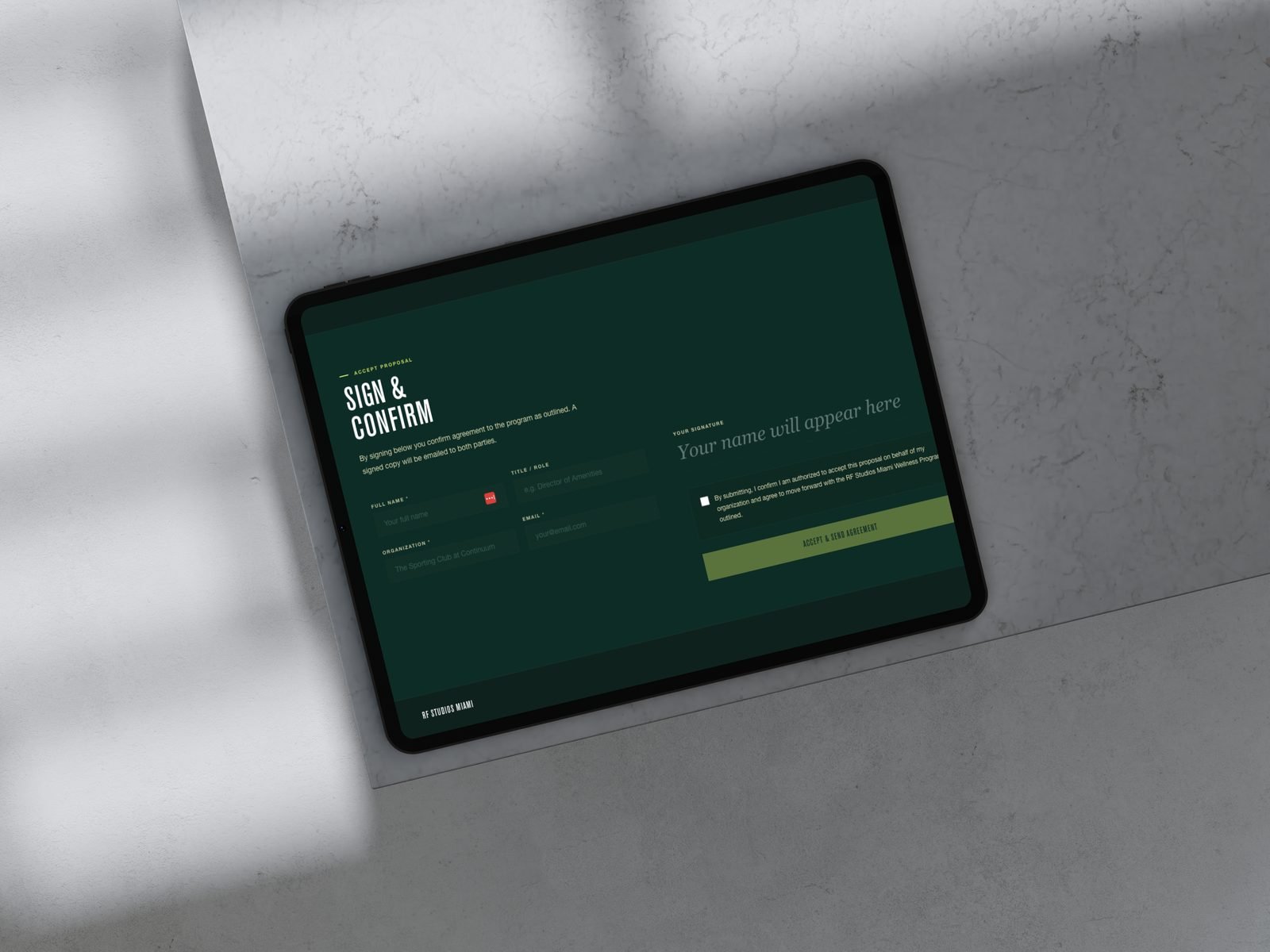 RF Studios proposal — sign and confirm section on iPad Pro