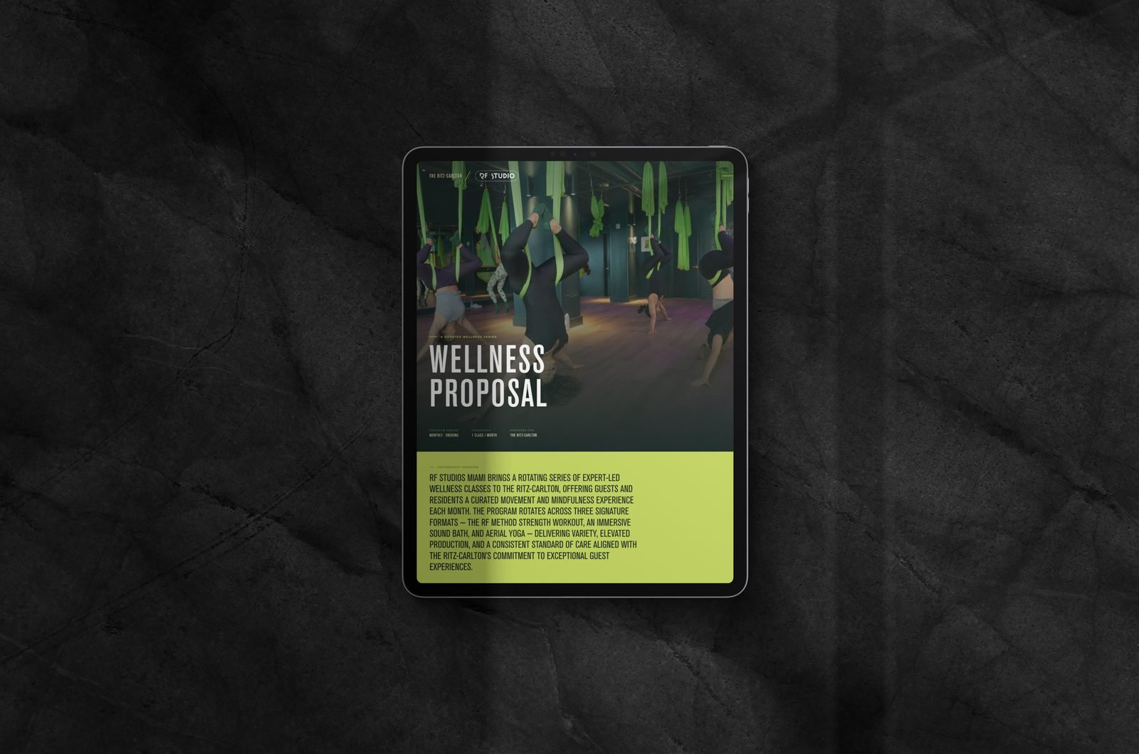 RF Studios Ritz-Carlton wellness proposal cover — aerial yoga hero, Pear headline